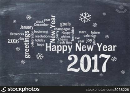 Happy New Year 2017 word cloud - white chalk text on a blackboard, a greeting card