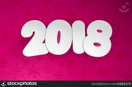 Happy New Year 2018.. Happy New Year 2018. White paper typeface on pink snowflake background. Greeting card, poster, web or flyer template. Vector illustration.