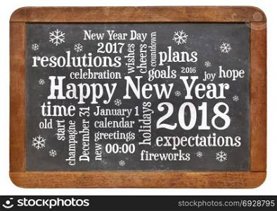 Happy New Year 2018 word cloud - white chalk text on a vintage slate blackboard isolated on white