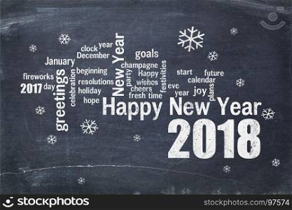 Happy New Year 2018 word cloud - white chalk text on a blackboard, a greeting card