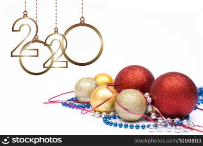 Happy new year 2020. Christmas greeting card. Isolated balls and ornament on white background and copy space