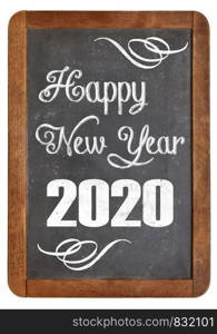 happy new year 2020 greetings on a vintage slate blackboard isolated on white