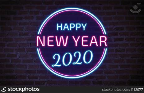 Happy New Year 2020, neon lights text on brick wall background.
