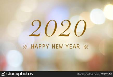 Happy New Year 2020 on blur abstract bokeh background, new year greeting card, banner