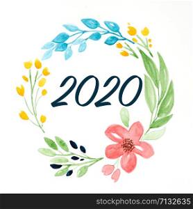 Happy new year 2020 on watercolor hand painting flowers wreath over white background, new year greeting card, banner
