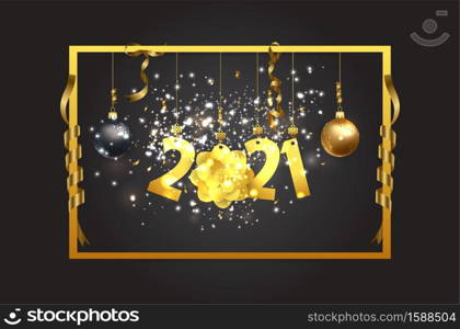 Happy New Year 2021 Shining Background with Golden text - Golden New Year 2021 Background with Golden text and balls