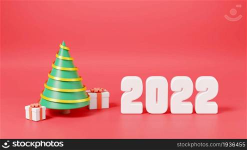 Happy New Year 2022 and Merry Christmas celebration greeting card, Christmas tree, gift box and 2022 number on red background, Web poster banner, holiday icon design, 3D Rendering illustration