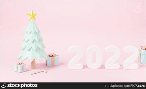 Happy New Year 2022 and Merry Christmas celebration greeting card, Christmas tree, gift box and 2022 number on pink background, Web poster banner, holiday icon design, 3D Rendering illustration