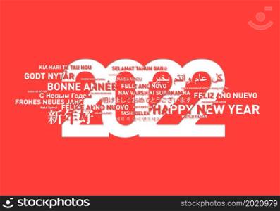 Happy new year 2022 card from the world in different languages. Beige background. Happy new year card from the world. Beige background