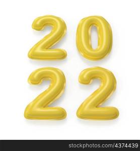 Happy New Year 2022, concept image with yellow inflated balloons on white background
