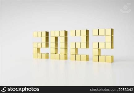 Happy new year 2022 with block or square gold on white background. Happy New Year since 2022. Web Poster, banner, cover card, brochure, flyer, layout design on made from golden cubes. 3d rendering