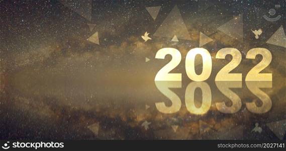 Happy New Year 2022 with Firework and Milky way background. Copy space and Panoramic horizontal design.