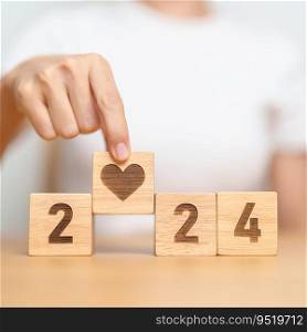 Happy New Year 2024 with heart block for health care, love, organ donation, resolution, charity, happy family, wellbeing and insurance concepts