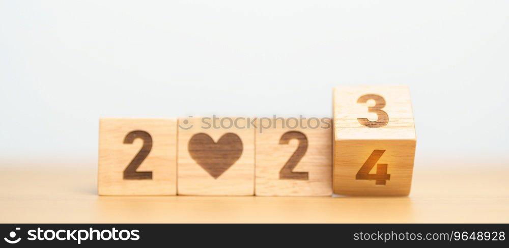 Happy New Year 2024 with heart block for health care, love, organ donation, resolution, charity, happy family, wellbeing and insurance concepts