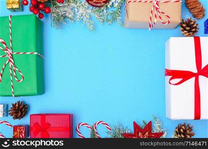 Happy New Year and Christmas day 2020, top view composition decoration on blue background with copy space for your text
