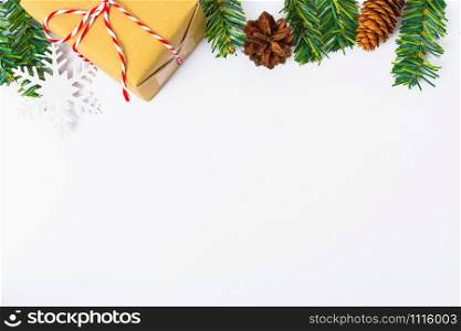 Happy New Year and Christmas day, top view flat lay composition decoration on white background with copy space for your text