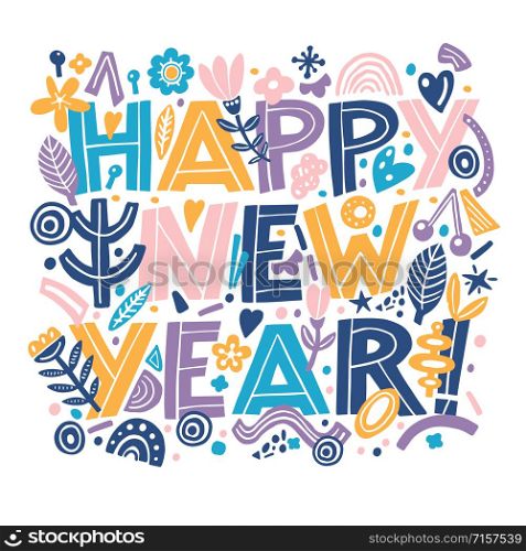 Happy new year banner in collage style. Vector hand drawn illustration.. Happy new year banner in Hand Drawning typography card in the Collage style pattern with abstract and organic shapes in pastel color. Modern abstract design poster, cover, card design.