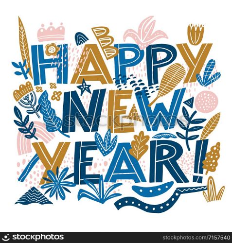 Happy new year banner in collage style. Vector hand drawn illustration.. Happy new year banner in Hand Drawning typography card in the Collage style pattern with abstract and organic shapes in pastel color. Modern abstract design poster, cover, card design.