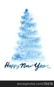 Happy New Year - Blue watercolor Christmas tree