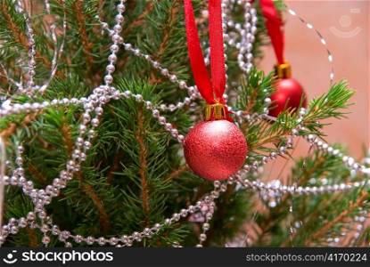 Happy new year: Christmas firtree closeup with decoration