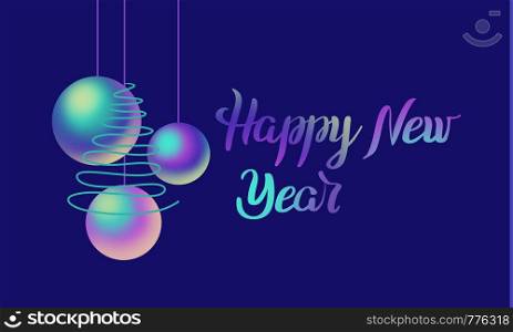 Happy New Year colorful lettering and nacre balls, green tree on blue background. Holiday illustration. Design for invitation, print, card