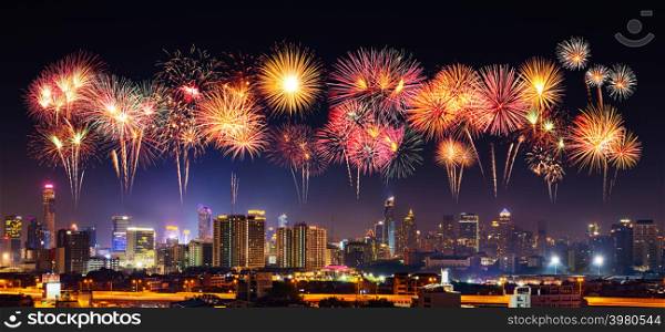 Happy new year firework Sparkle with Bandkok cityscape at night