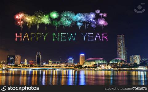 Happy new year firework Sparkle with cityscape of Singapore city at night
