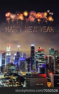 Happy new year firework Sparkle with cityscape view of Singapore city at night