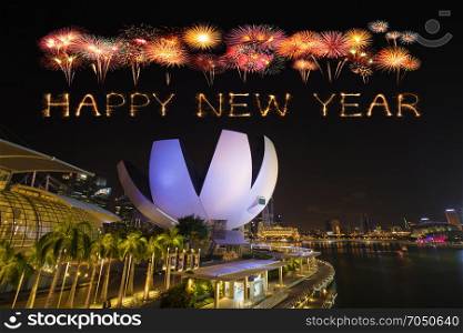 Happy new year firework Sparkle with Singapore skyline and Marina bay view