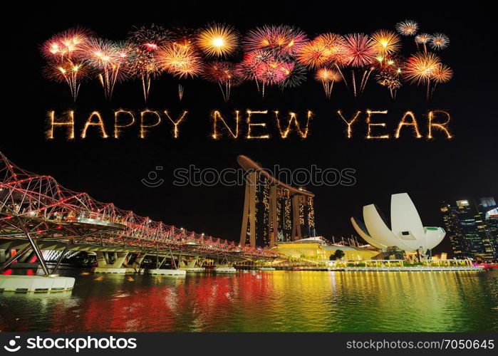 Happy new year firework Sparkle with the Helix Bridge at night, urban landscape of Singapore