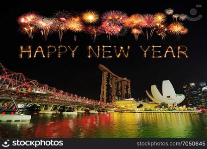 Happy new year firework Sparkle with the Helix Bridge at night, urban landscape of Singapore