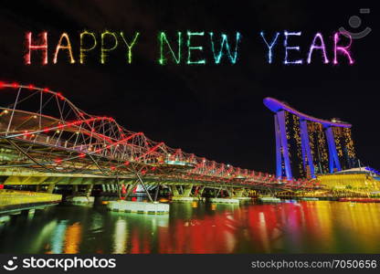 Happy new year firework Sparkle with the Helix Bridge at night, urban landscape of Singapore