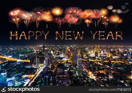 happy new year fireworks celebrating over Bangkok cityscape at night, Thailand