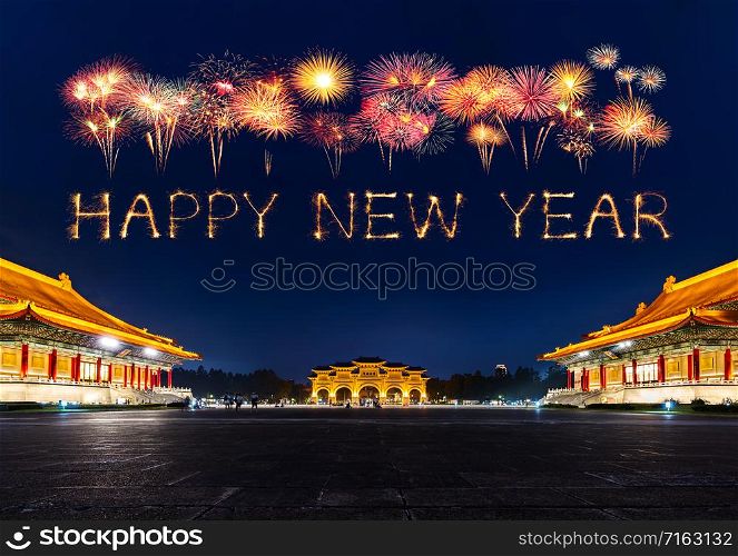 happy new year fireworks celebrating over Chiang Kai-Shek Memorial Hall at night in Taipei, Taiwan