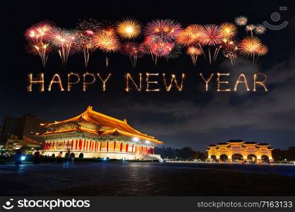 happy new year fireworks celebrating over Chiang Kai-Shek Memorial Hall at night in Taipei, Taiwan
