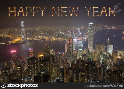 Happy New Year Fireworks celebrating over Hong Kong city at night, view from The Peak