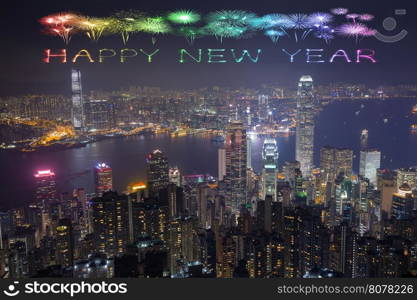 Happy New Year Fireworks celebrating over Hong Kong city at night, view from The Peak