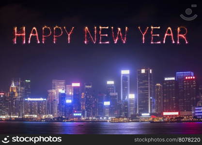 Happy New Year Fireworks celebrating over Hong Kong city at night, view from Victoria Harbour