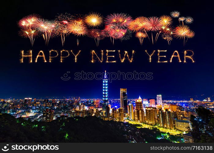 happy new year fireworks celebrating over Taipei cityscape at night, Taiwan