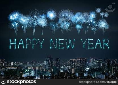 Happy New Year fireworks celebrating over Tokyo cityscape at night, Japan