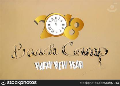 Happy new year for 2018 with old clock on the beach background