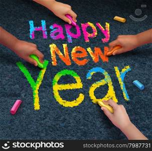 Happy new year friends concept with a group of hands representing ethnic groups of young people holding chalk cooperating together as a diverse group celebrating the future.