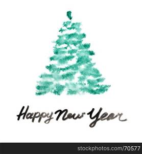 Happy New Year - Green watercolor Christmas tree by brush strokes