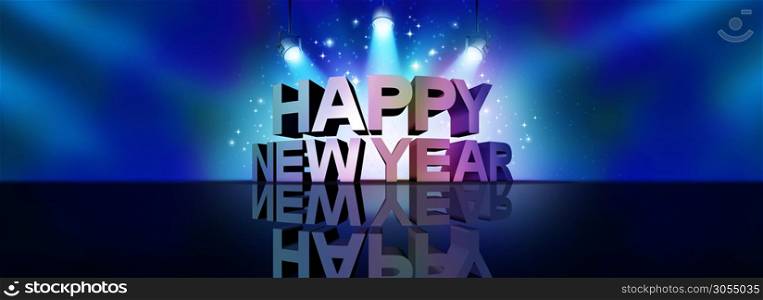Happy New Year greeting background banner sign as a text on a stage with spot lights and sparkles as a party to celebrate a newyear holiday season as a 3D illustration.