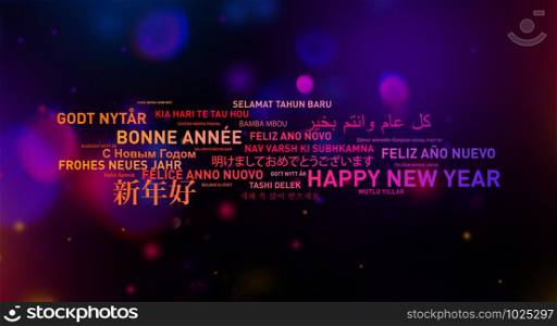 Happy new year greetings card from the world in different langages. Happy new year card from the world