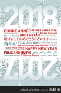 Happy new year greetings card in different world languages. Happy new year greetings card from all the world