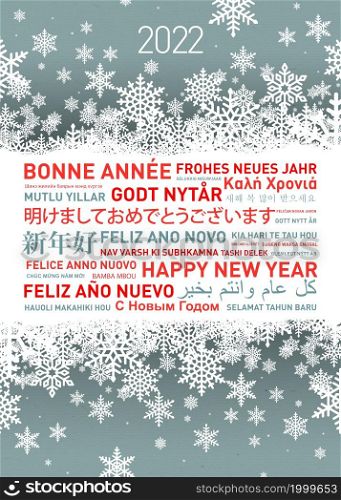 Happy new year greetings card in different world languages. 2022. Happy new year greetings card from all the world. 2022