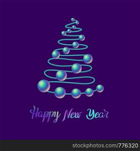 Happy New Year lettering, Tree and beautiful colorful balls on violet background. Holiday illustration. Design for invitation, print, card