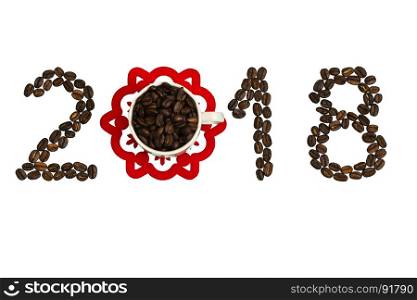 Happy New Year. On a white background, coffee beans are lined with the number 2018 and there is a cup with coffee beans.