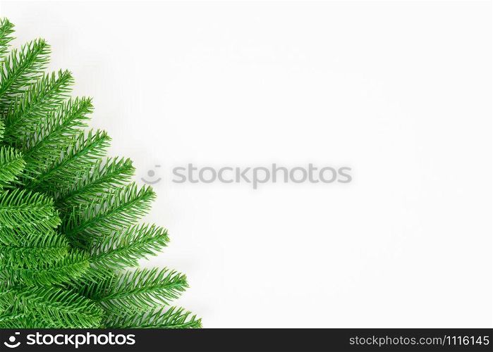 Happy new year or christmas day top view decorative fir tree on white background with copy space for your text